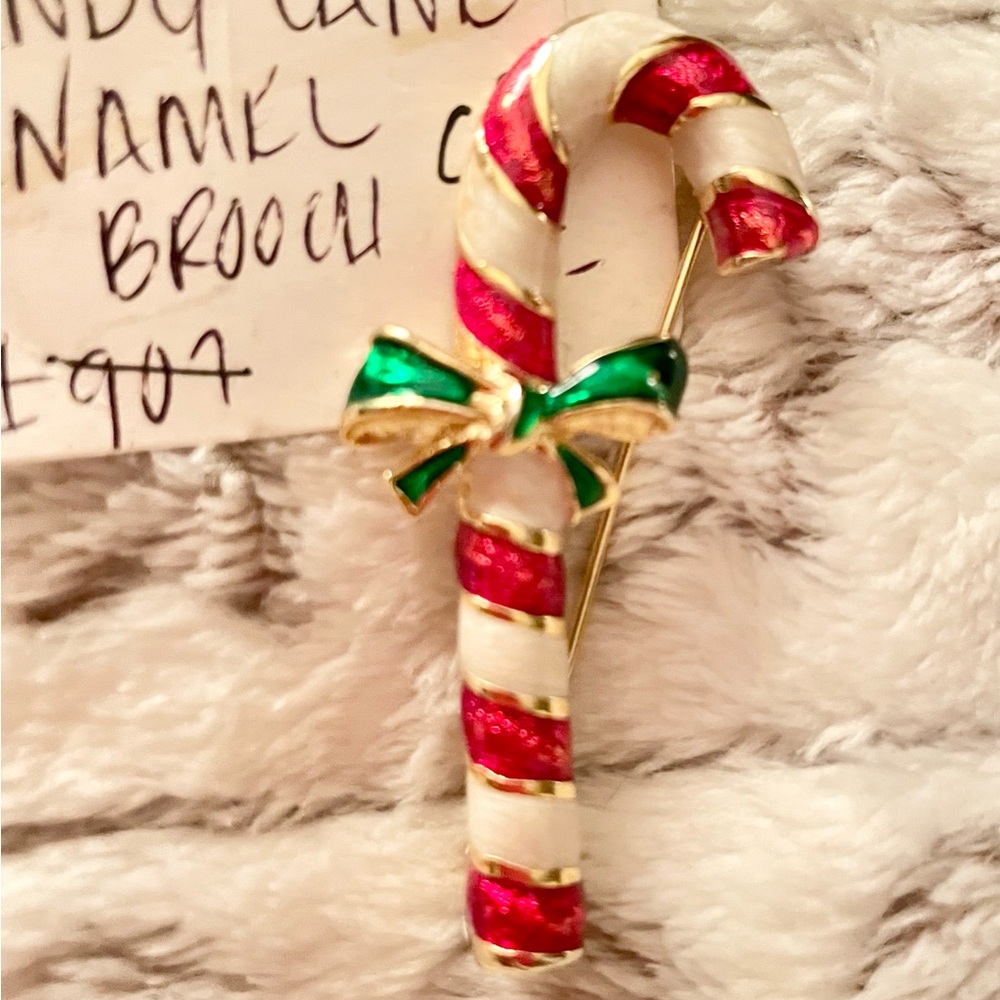 Christmas Candy Cane Enamel Brooch Vintage 1970s
